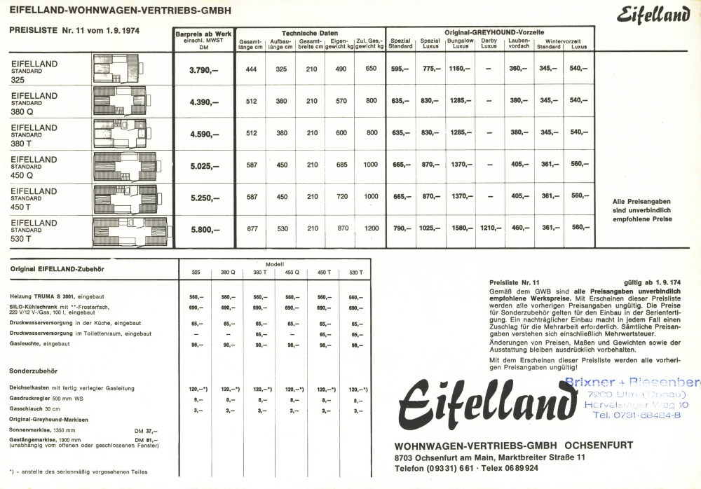 Eifelland 1975 Preisliste 11 01091974