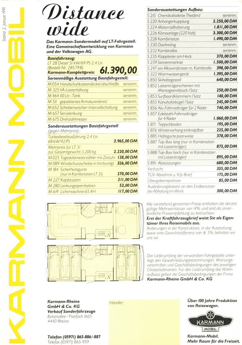 Karmann VW LT Distance wide 1991 Preisliste
