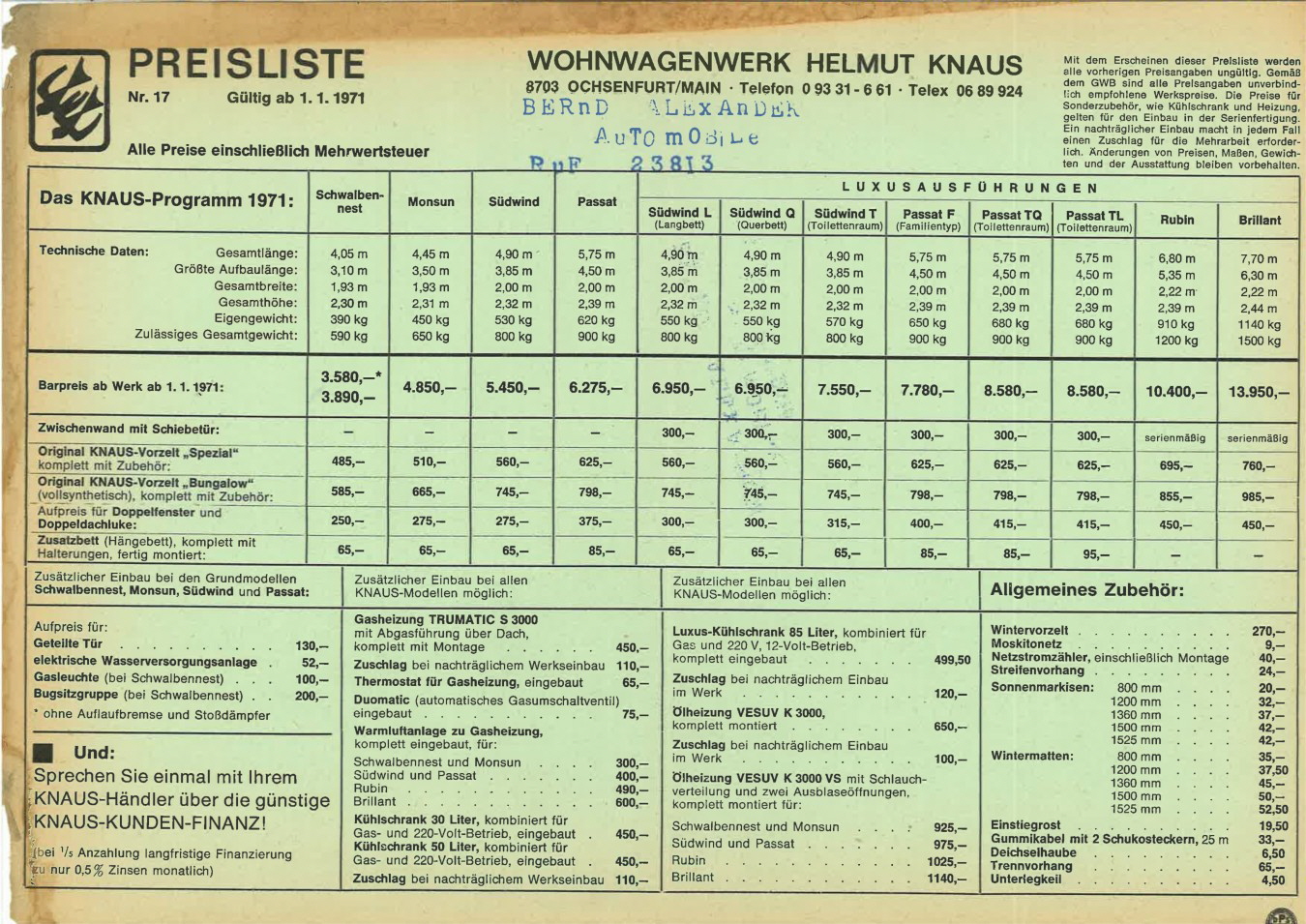 Knaus 1971 Preisliste 1