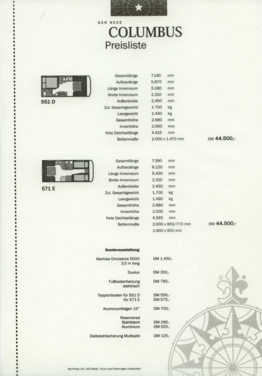 Westfalia Columbus 1998 Preisliste