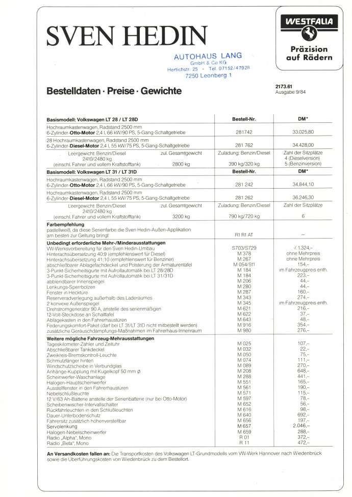 Westfalia 1984 Sven Hedin  09-83 Preisliste 01