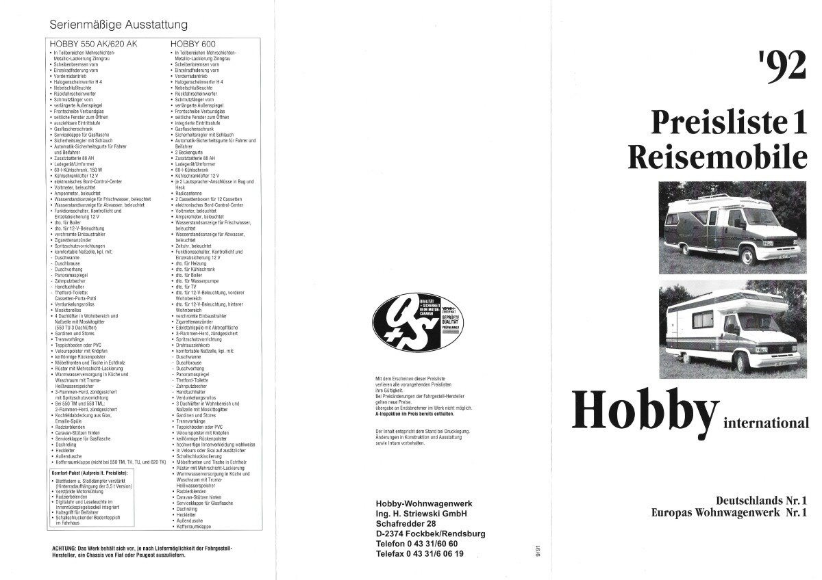 Hobby 1992 WoMo Prospekt Preisliste (9)