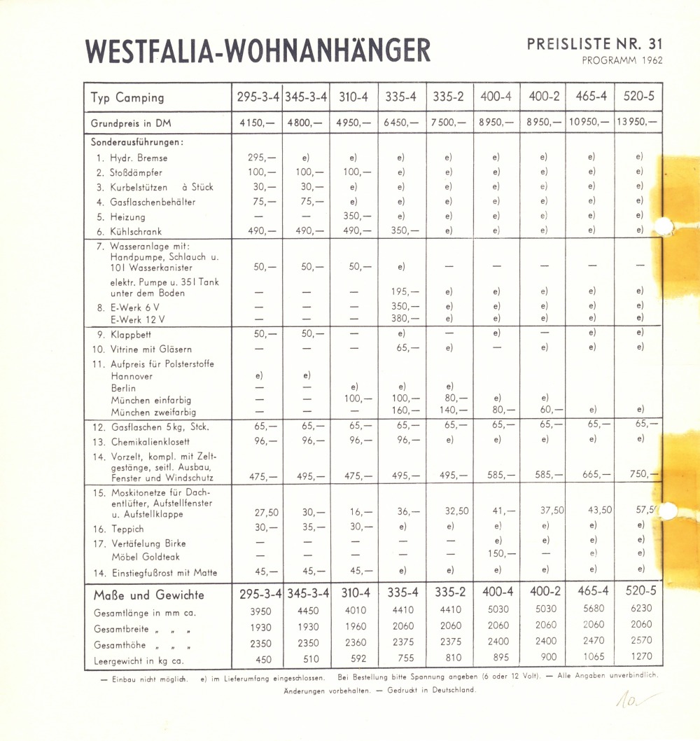 Westfalia 1962 Preisliste 31-2 Wohnanhnger