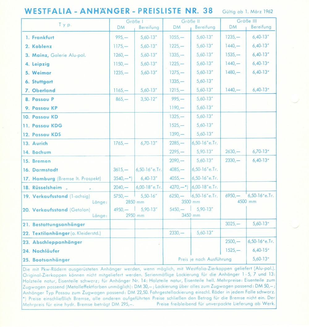 Westfalia 1962 Preisliste 38 Anhnger