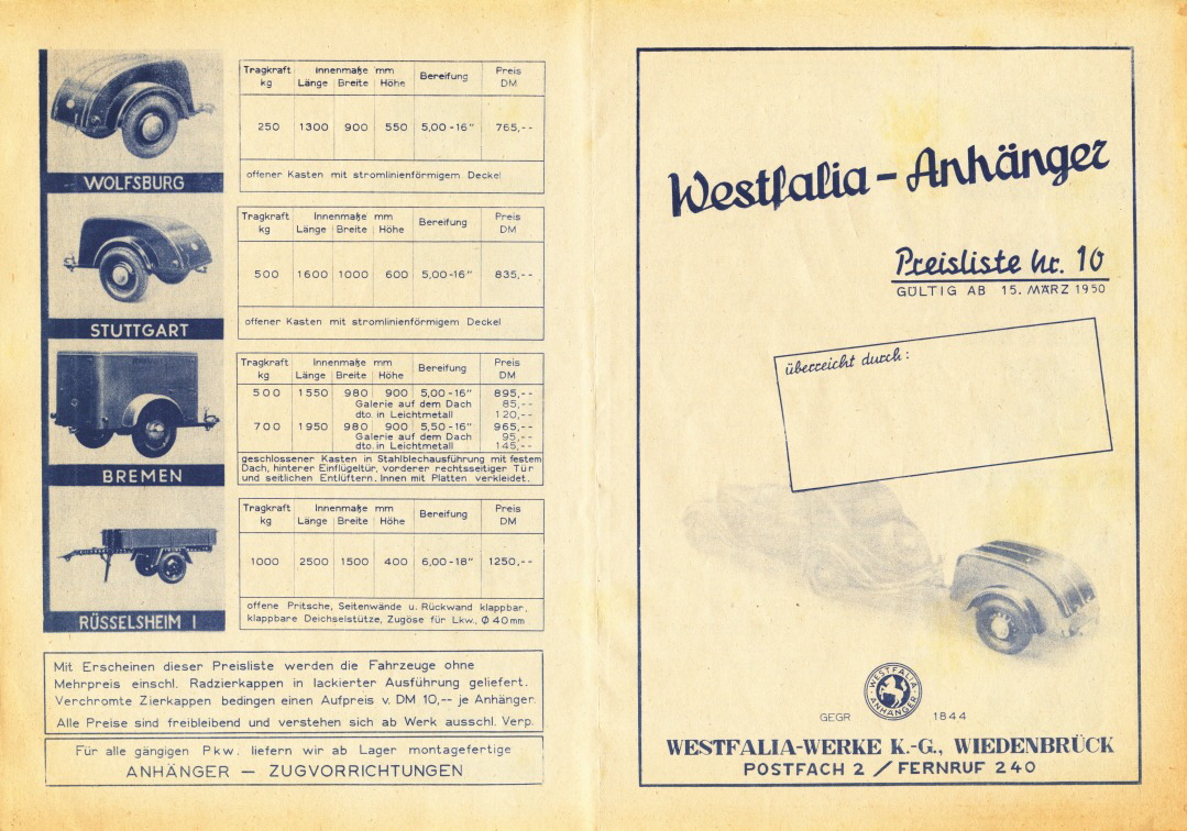 Westfalia 1950 Preisliste 10 01 04